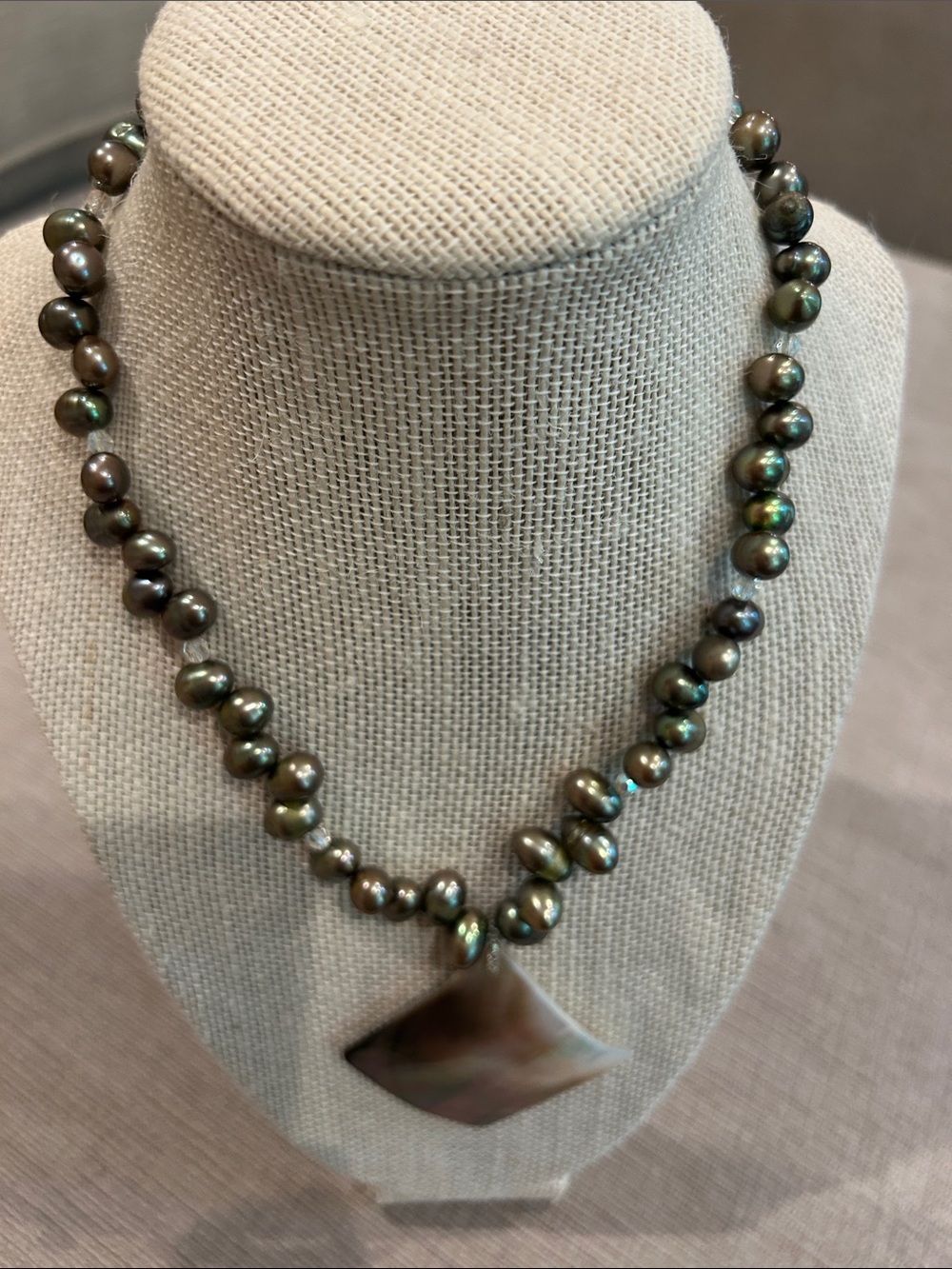 baroque dark green freshwater pearl necklace w/ diamond mother-of-pearl pendant